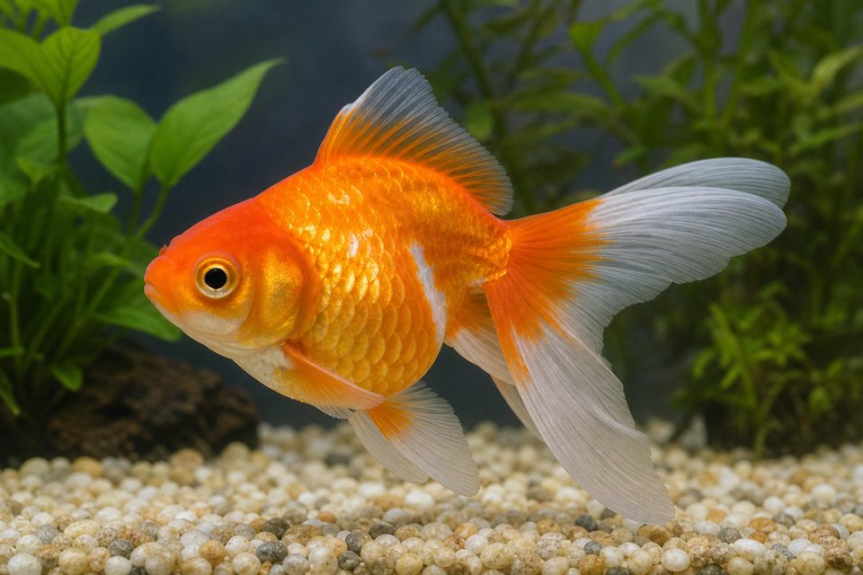 水槽にいる品種改良の金魚の説明用サンプル写真