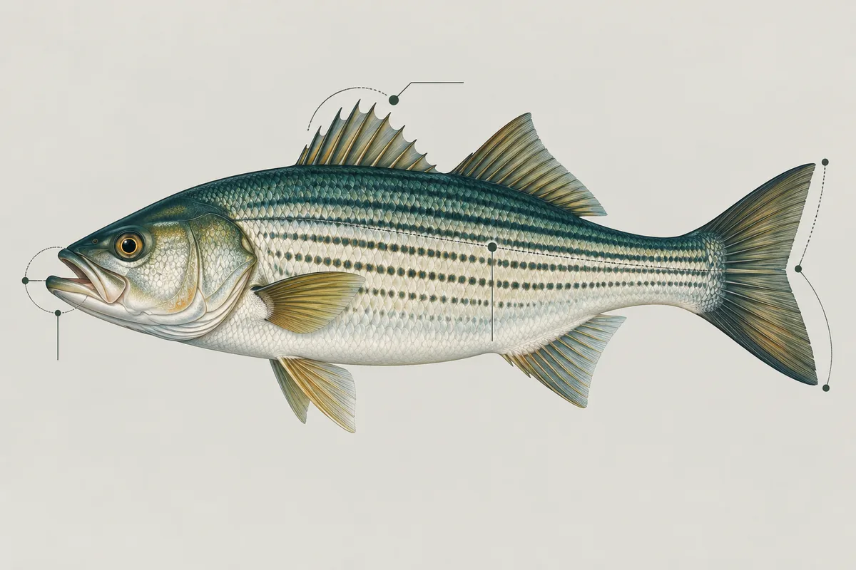 Fisch im Seitenprofil mit Markierungen an Maul, Rückenflosse, Seitenlinie und Schwanz