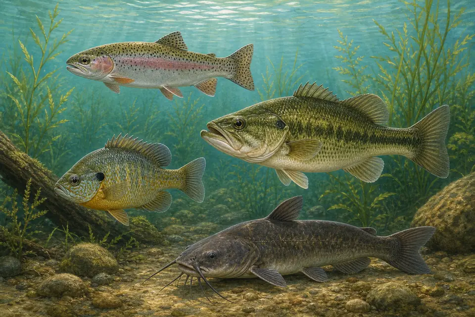 Illustrative comparison scene with trout-like, bass-like, sunfish-like, and catfish-like freshwater fish