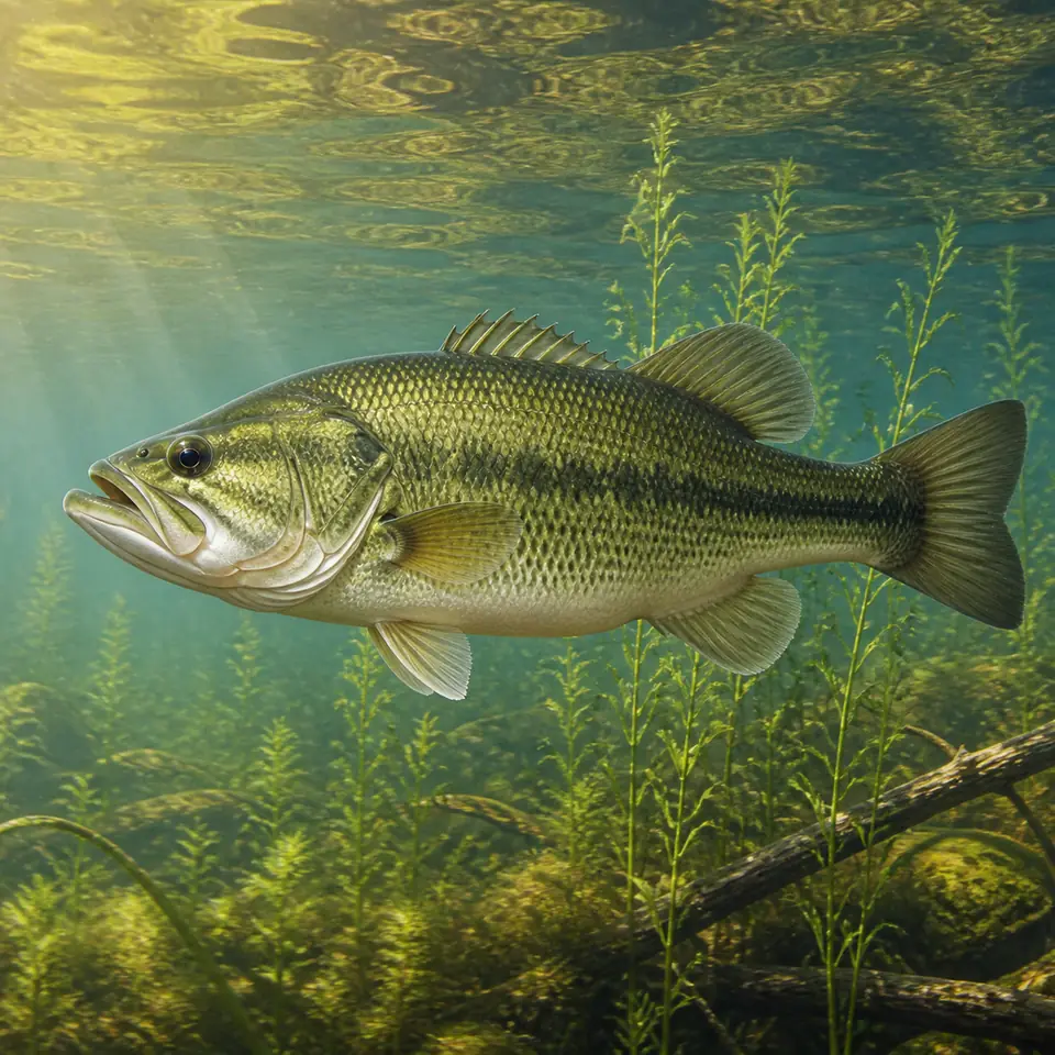 Illustrative largemouth bass in clear freshwater near submerged plants