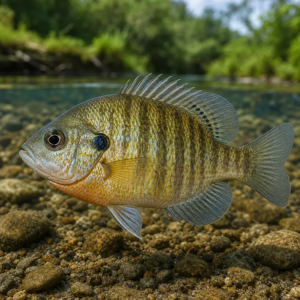 Illustrative sunfish-like freshwater fish with clear fins, eye, scales, and mouth
