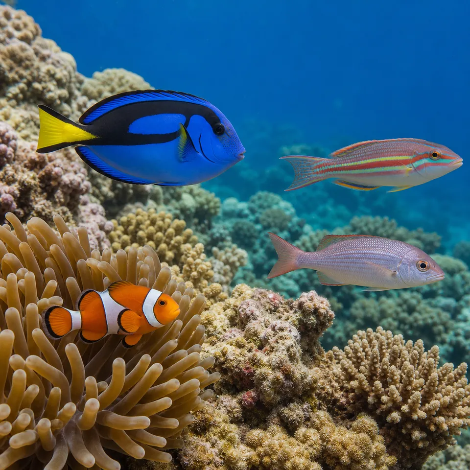 Comparaison illustrée d'un poisson-clown, d'un chirurgien, d'un labre et d'un poisson proche d'un vivaneau sur un récif