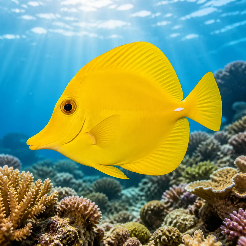 Poisson chirurgien jaune illustré nageant au-dessus d'un récif corallien