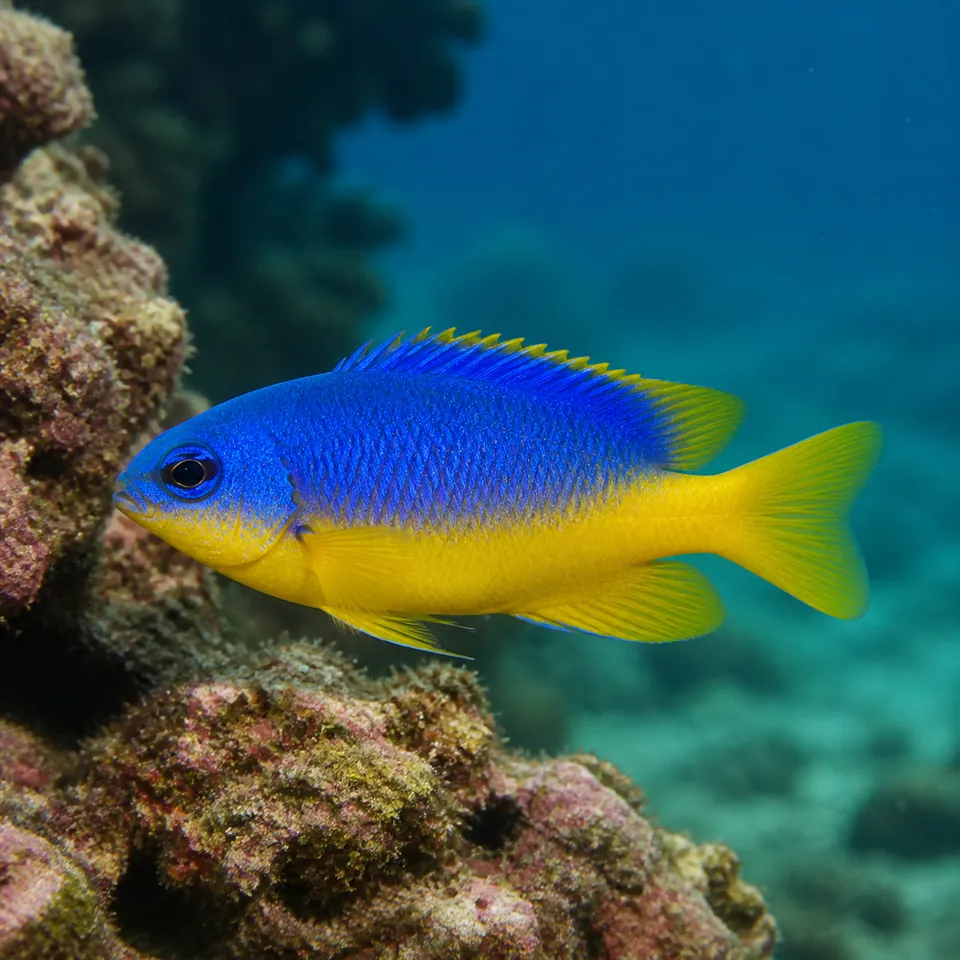 Poisson marin bleu et jaune illustré vu de profil près d'une roche récifale